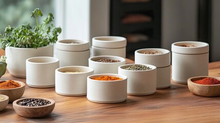 A set of white ceramic bowls filled with different spices and seasonings, arranged on a wooden table.