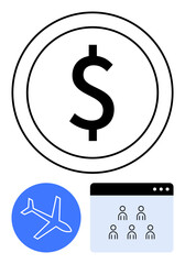 Dollar sign in black circle, airplane icon, browser window with user icons. Ideal for finance, travel expenses, business meetings, online collaboration, global connections, budgeting abstract line