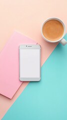 Smartphone and coffee on pastel background.