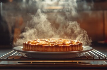 Freshly Baked Pie with Steam Rising from Crust in Oven Serving on White Plate in Warm Kitchen Environment
