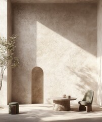 Modern minimalist interior with light beige speckled walls, a round light beige coffee table, a muted green chair, and a small potted plant. Sunlight