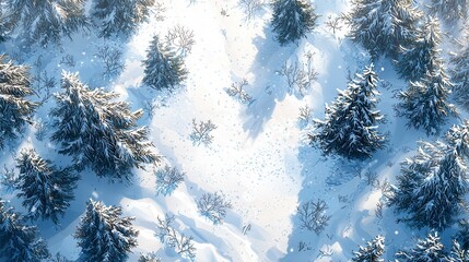 Aerial Winter Forest Snow Covered Evergreens Under Bright Sunlight
