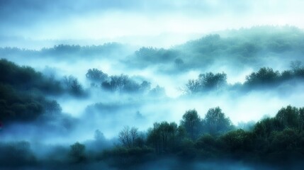 Obraz premium Misty forest landscape, tranquil scene, misty mountain range, lush green trees, light blue tones, soft light, serene atmosphere, dreamy ambiance