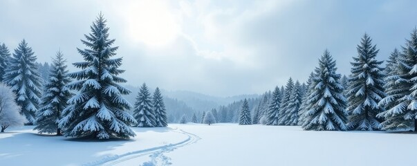 Obraz premium Trees stood like sentinels under a blanket of snow, , evergreen trees