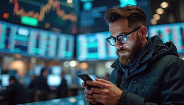 Man with beard, glasses checks smartphone in busy stock exchange. Screens display fluctuating data, charts. Appears focused, calm. Urban indoor setting. Pro trader analyzes tech market trends. Busy
