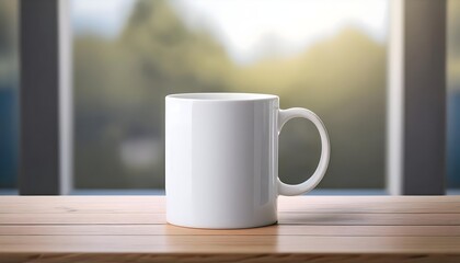 Plain blank white ceramic mug mockup standing on the wooden table