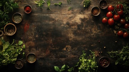 rustic dark wooden background with herbs spices and tomatoes