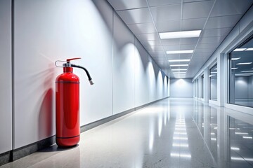 Obraz premium Long exposure shot: red fire extinguisher's vibrant trail in a sleek, modern office hallway.