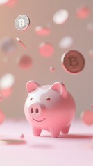 Cute piggy bank with Bitcoin coins floating.