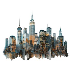 Naklejka premium A stylized skyline of a city featuring tall buildings and illuminated structures. isolated on white background