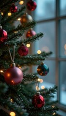 Fototapeta premium Twinkling lights dance among frosty glass ornaments on a slender green spruce, twinkle, holiday