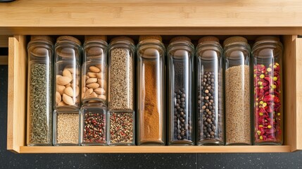 A top-down view of a spice drawer neatly arranged with colorful spices and seasonings in glass containers.