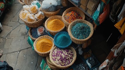 Fototapeta premium A top-down view of a spice market stall with baskets full of colorful seasoning powders.