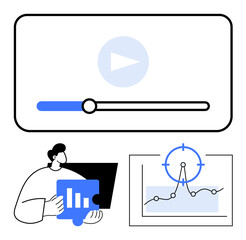 Video player with progress bar, user holding data chart, target graph analysis. Ideal for video content, analytics, data tracking, business strategy, marketing, statistics abstract line flat