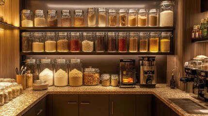 A well-organized pantry with neatly labeled jars of grains, flour, and cooking essentials.