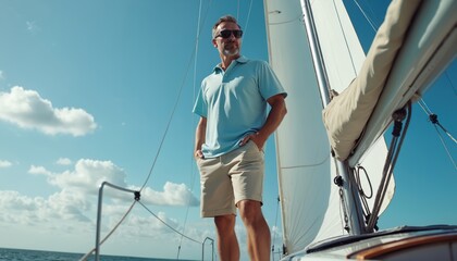Man stands on sailboat deck. Wears light blue polo shirt, beige shorts. Clear blue sky, fluffy white clouds. Seascape with calm water. Daytime scene. Looks at horizon. Leisurely summer activity. © Vadym