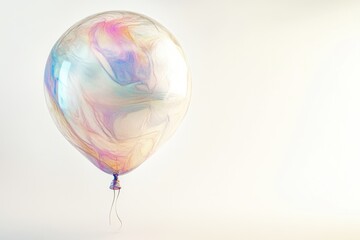Iridescent multicolored marble patterned balloon floats against a light background