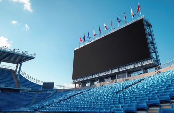 Empty stadium with blue seats, large blank LED advertising billboard. Outdoor sports venue with modern digital display for advertisements. Vast space for events. Lots of seats ready for audience.