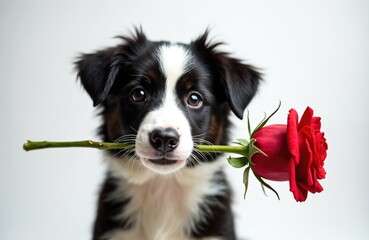 Cute puppy dog holds red rose in mouth. Adorable border collie puppy gives love gift. Valentines day concept. Animal giving present. Pet romantic moment. Happy puppy for holiday. Lovely image for