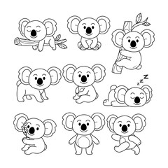 Set of koala doodle collection, flamingo outline coloring page book animals for kindergarten, Vector line art set of animals wildlife, Hand drawn, Minimal flamingo line art doodle in different pose © vesvocrea