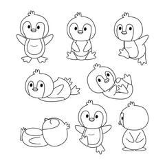 Set of penguin doodle collection, flamingo outline coloring page book animals for kindergarten, Vector line art set of animals wildlife, Hand drawn, Minimal flamingo line art doodle in different pose