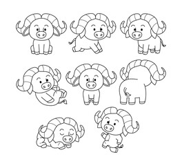 Fototapeta premium Set of buffalo doodle collection, flamingo outline coloring page book animals for kindergarten, Vector line art set of animals wildlife, Hand drawn, Minimal flamingo line art doodle in different pose