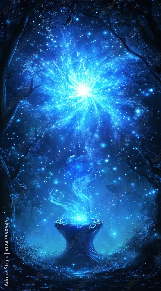 Wall mural Mystical glowing cauldron in a magical forest at night, emitting blue light and swirling energy. Pixel art style