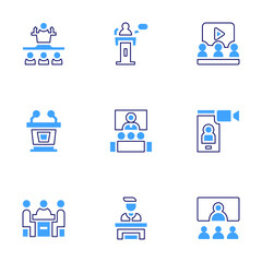 Conference icon set. Bold line style. Duotone colors. Editable stroke. conference, podium, meeting, leader, speech, learning, virtualevent, videochat