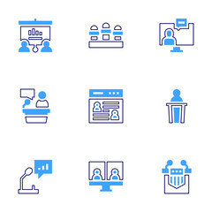 Conference icon set. Bold line style. Duotone colors. Editable stroke. conference, pressconference, presentation, lectern, online, screen, videocall, videoconference