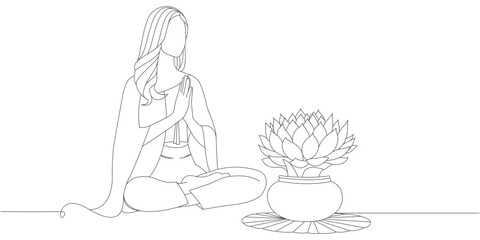 Hindu woman vector design praying for vesak day, line art style