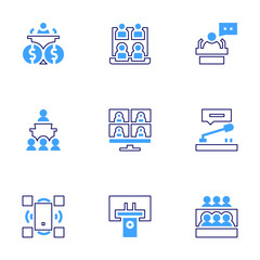 Conference icon set. Bold line style. Duotone colors. Editable stroke. onlineconference, conference, virtualevent, presentation, politician, microphone, classroom, speech