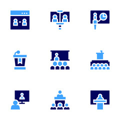 Conference icon set. Bold style. Duotone colors. conference, meetingroom, onlineconference, videocall, seminar, introduction