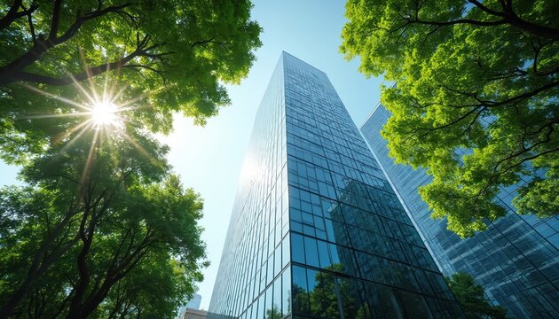 Modern glass office building surrounded by rich greenery. Sustainable architecture concept. Eco friendly corporate building in modern city. Sunlight streams through trees. Urban environment with eco
