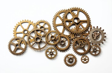 Vintage gears, cogs collection on white background. Complex mechanical system. Antique tech elements. Creative industrial design. Old time machines. Retro engineering elements. Detailed metal parts.