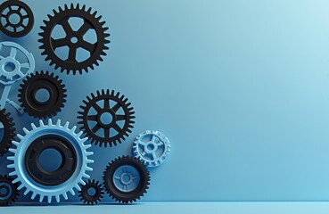 Abstract design of interconnected gears in black, light blue colors against solid light blue background. Modern, complex gear system. Represents complex automation processes. Suitable for