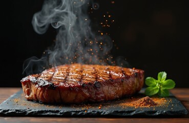 Delicious grilled steak. Juicy cooked meat with smoke, spices. Food photography. Restaurant meal. Barbecue style. Perfect for steak lovers. Restaurant menu. Aged beef. Grilled on dark background. Hot
