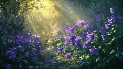 Naklejka premium sunlit purple flower forest path