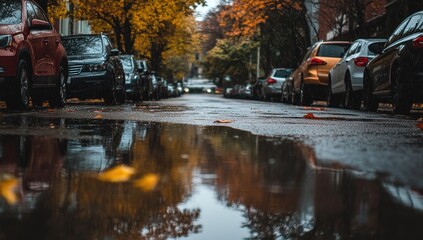 Obraz premium Autumnal Reflection: Rainy Street Scene
