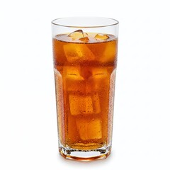 A tall glass of iced tea with condensation on the side, isolated on a white background.