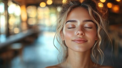 Obraz premium A serene woman with closed eyes, radiating calmness in a cozy setting.