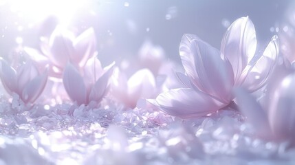 Delicate pink magnolia blossoms, petals scattered, sunlit scene, spring