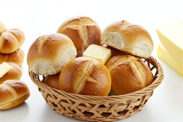 A basket of freshly baked bread rolls with butter, isolated on a white background.