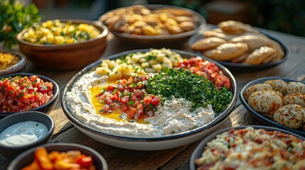 Fototapeta premium Delicious appetizer spread, outdoor setting, sunset light, party food