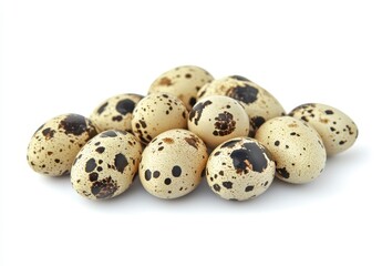 Fototapeta premium A cluster of quail eggs, speckled with dark brown spots on light beige shells, against a plain white background