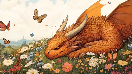 Obraz premium Sleeping Dragon in a Meadow of Flowers