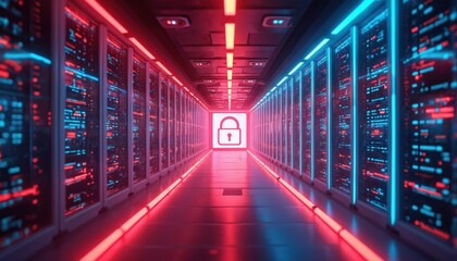 Obraz premium Futuristic digital corridor with vibrant red, blue lights. Cybersecurity tech concept. Pathway shows security system. Data centers with glass panels. Visual representation of cyber security. Modern
