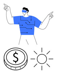 Person wearing augmented reality glasses, circuit-patterned shirt points upward alongside coin and sun. Ideal for technology, finance, innovation, growth, virtual reality, sustainability, abstract