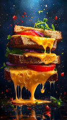 Gourmet Sandwich with Melting Cheese and Fresh Ingredients: A Deliciously Stacked Meal of Savory Layers, Colors, and Textures for Appetizing Food Photography and Comfort Food Indulgence
