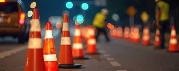 Fototapeta premium Road work in progress at night. Traffic cones placed on street. Workers assembling roadblocks. Safety measures ensure public safety during road construction. Workers wear safety gear. Nighttime scene