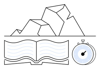 Open book with wavy text, mountain symbolizing challenges, and stopwatch emphasizing time. Ideal for education, goal-setting, perseverance, productivity, leadership, time management abstract line